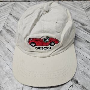 Vintage GEICO Hat Gecko Convertible Car Red Dad Cap Beige Embroidered